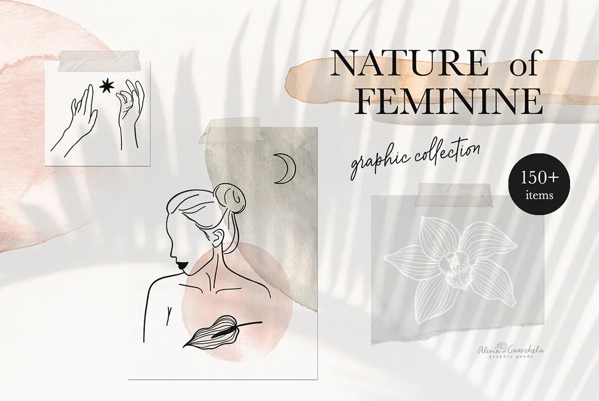 Nature of Feminine Female celestial florals line art