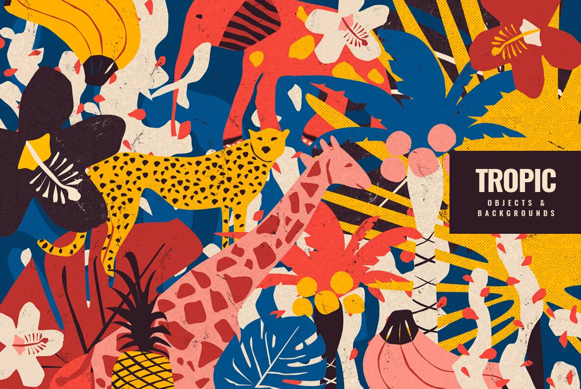 Tropical Animals and Plants Backgrounds in Risograph Style