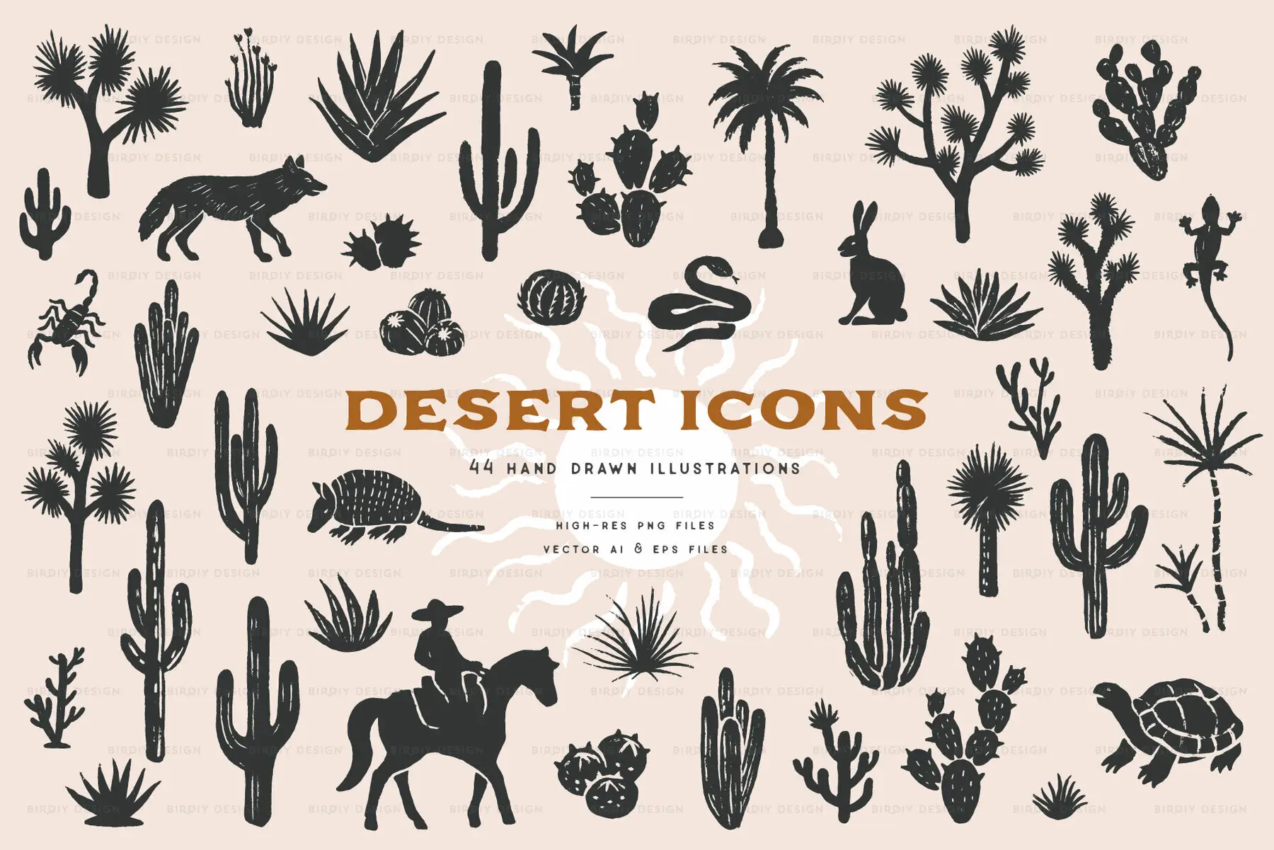 Desert Icons Hand Drawn Graphics Set