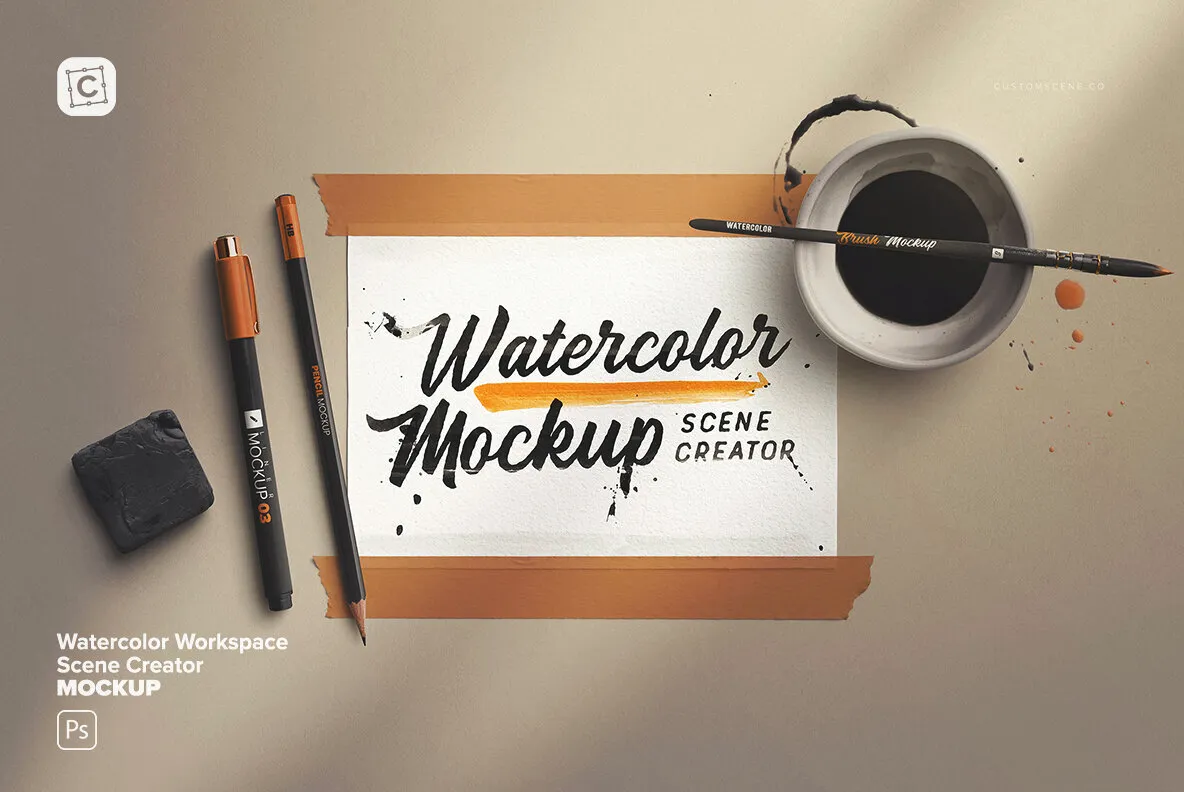 Watercolor Workspace Scene Creator Mockup