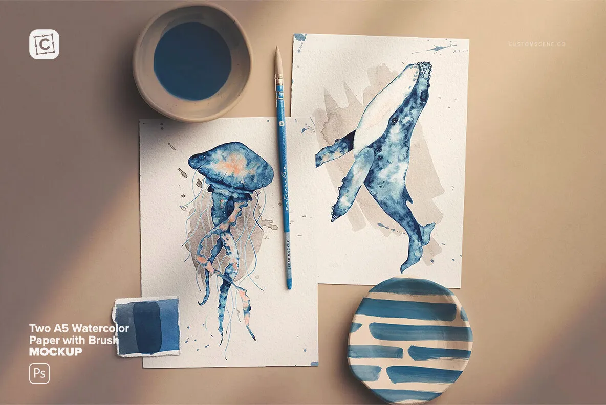 Two A5 Watercolor Paper Mockup with Brush