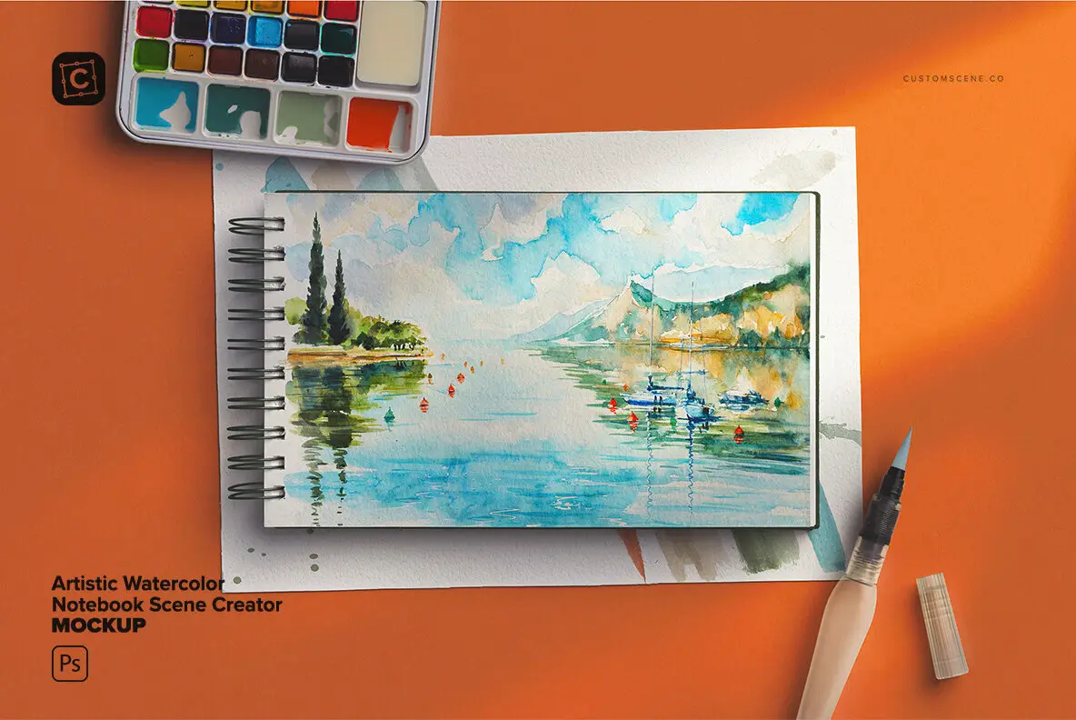 Artistic Watercolor Notebook Scene Creator Mockup