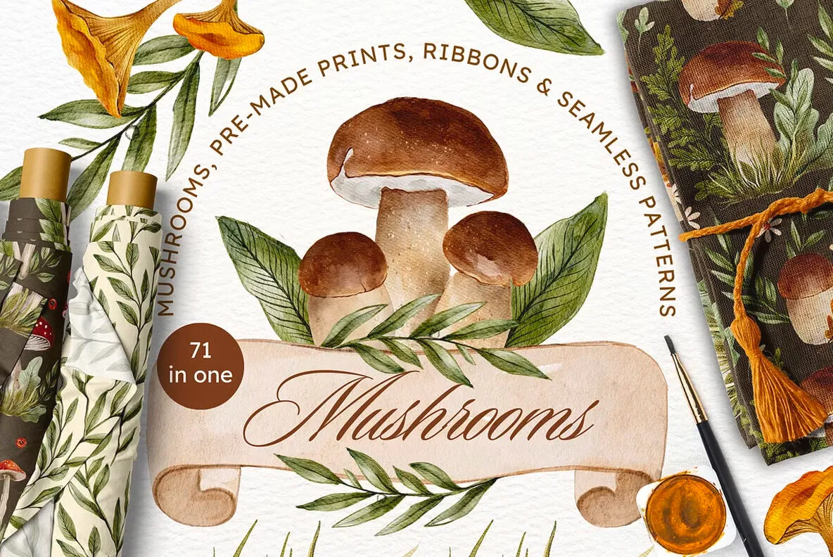 Mushroom Watercolor Fall Graphics