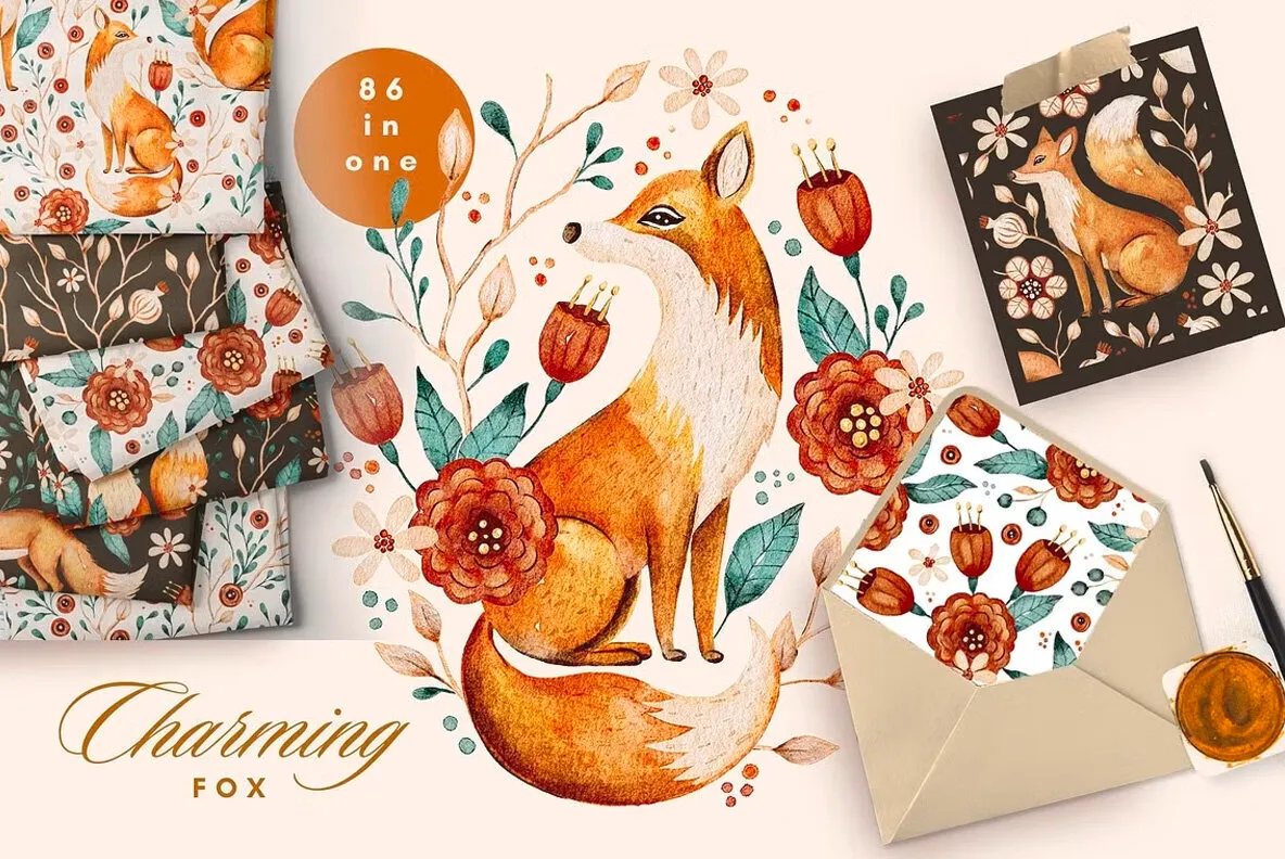 Charming Fox Illustration Fall Watercolor