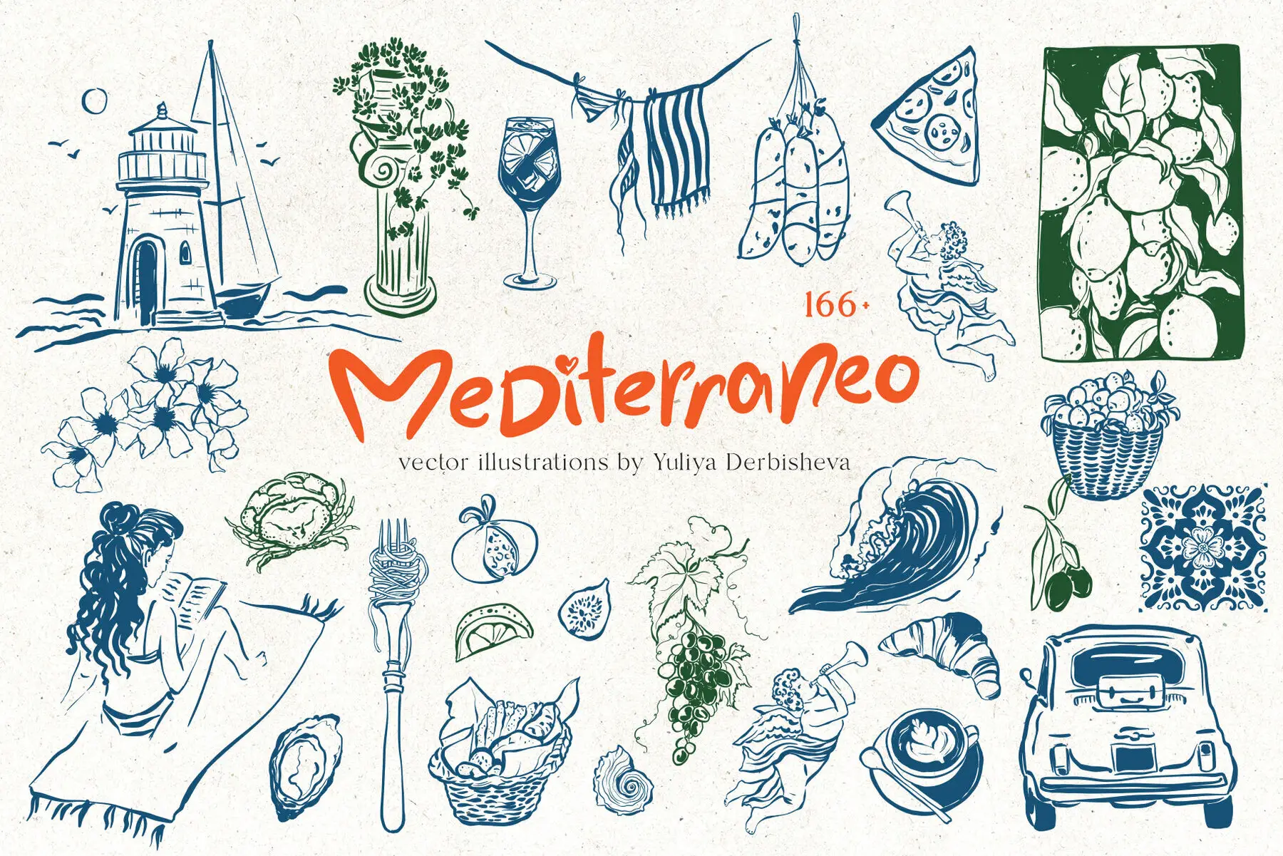 Mediterranean Vector Dolce Vita illustration Vintage Doodles