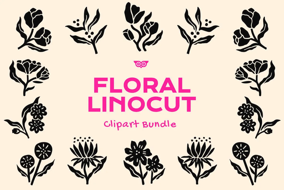 Floral Linocut Clipart Bundle