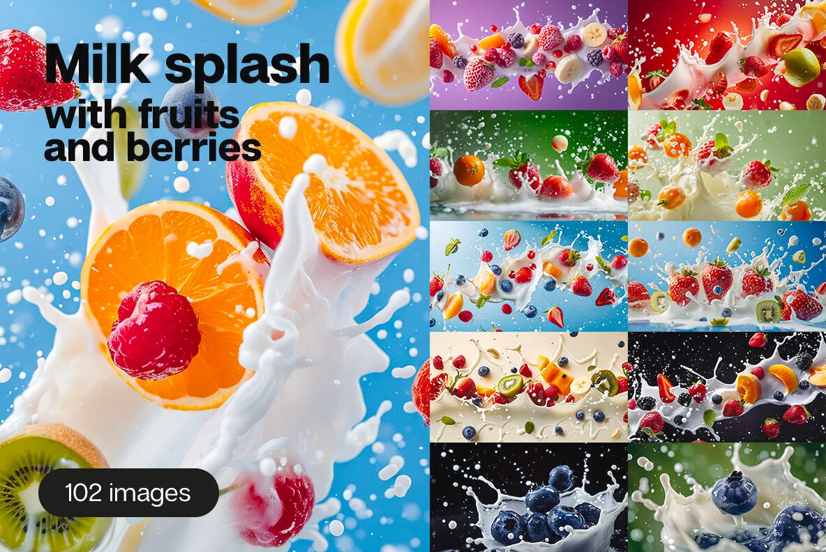 Milk splash with fruits and berries