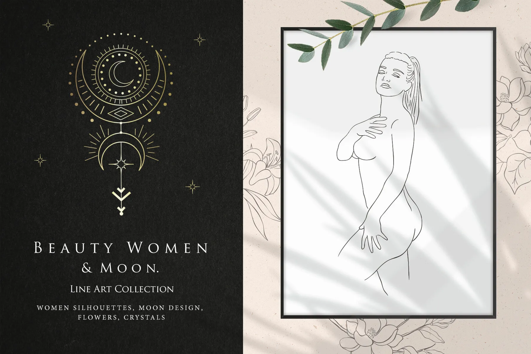 Beauty Women and Moon Trendy Line Art Illustrations