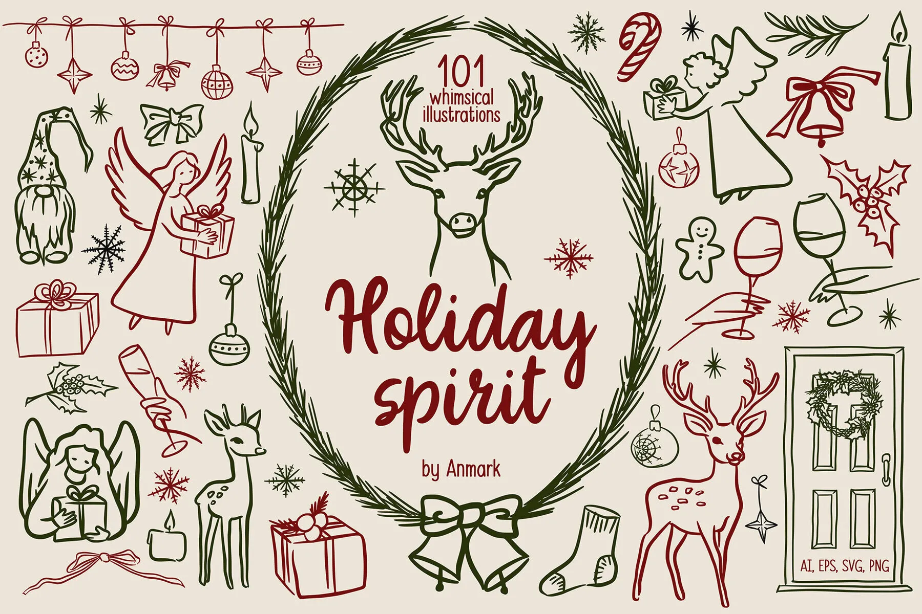 Whimsical Line Art Christmas Hand Drawn SVG Illustrations