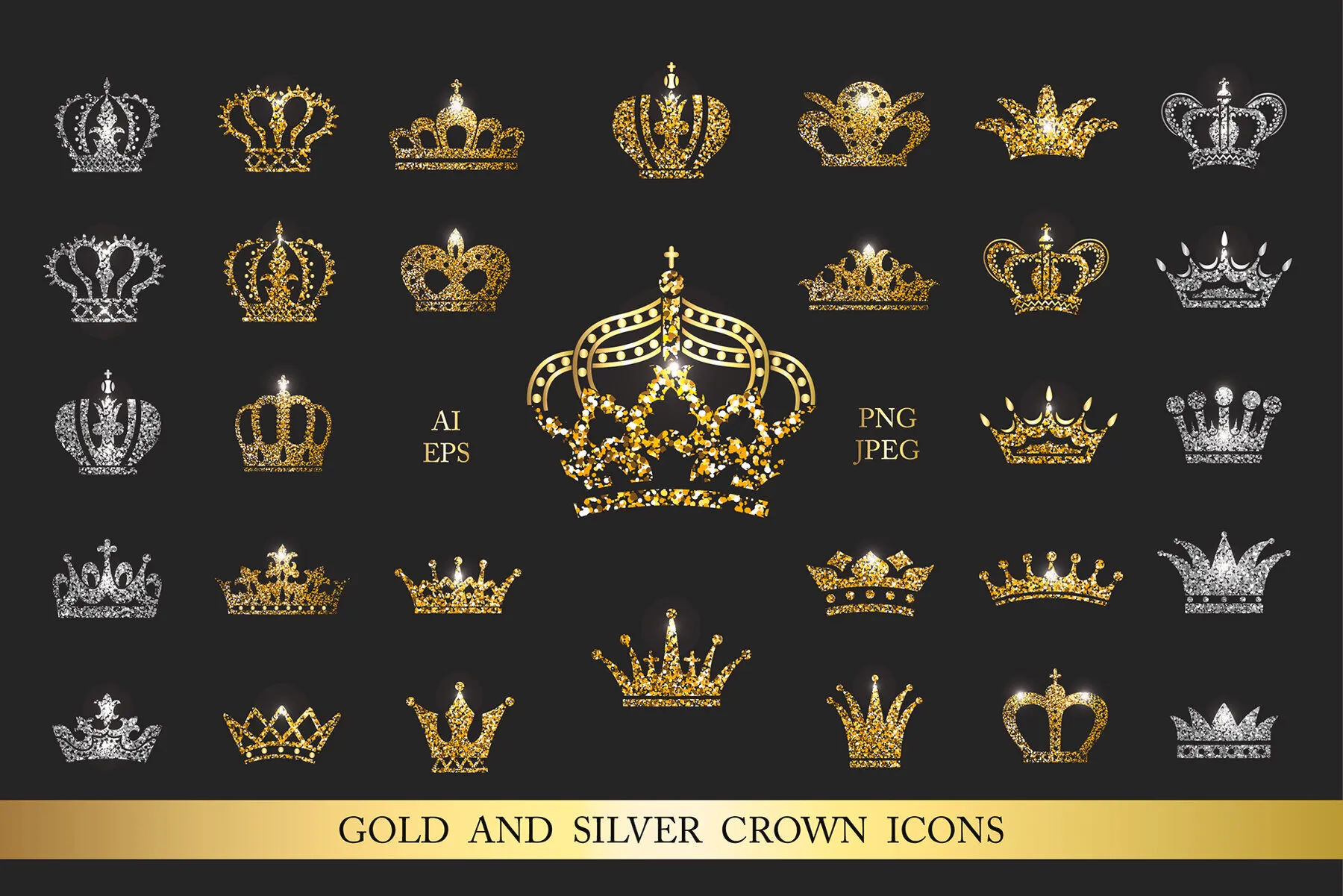 Set of Gold Silver and Black White Crown Icons