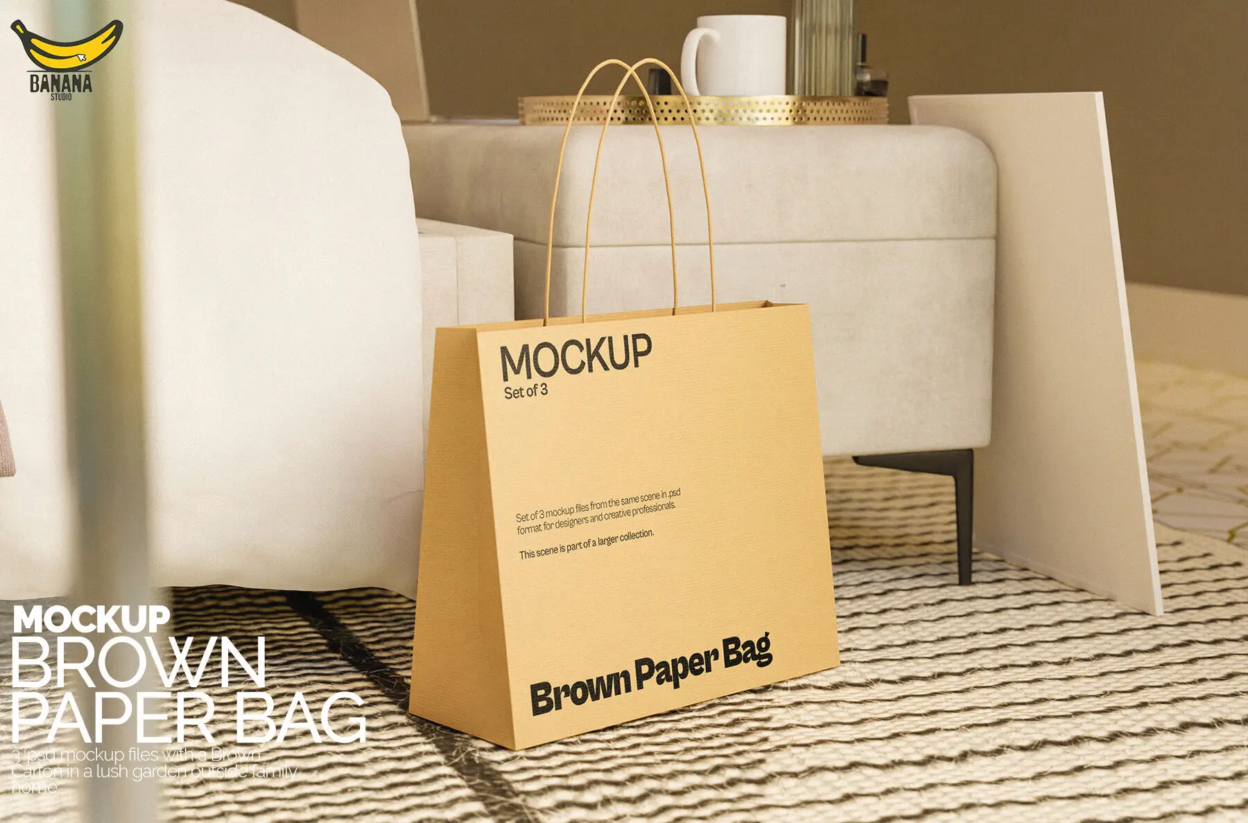 Brown Paper Bag Mockup Bundle Set on the floor of a Bedroom