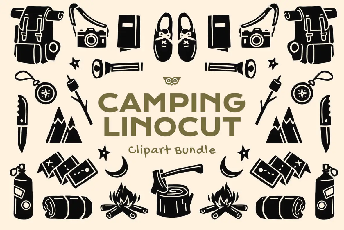 Camping Linocut Clipart Bundle