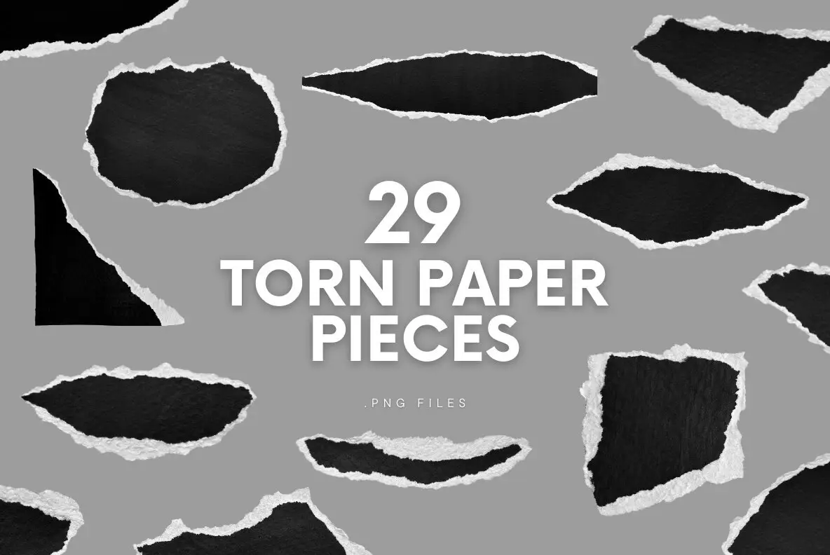 29 Black and White Ripped Paper Pieces
