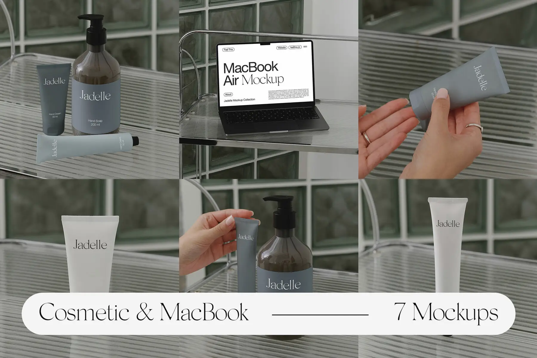 MacBook Cosmetic Bottle and Hand Cream Tube Mockups