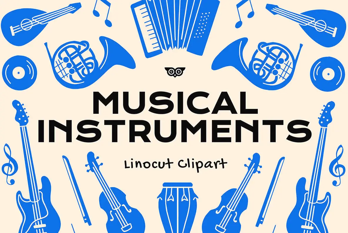 Musical Instruments Linocut Clipart