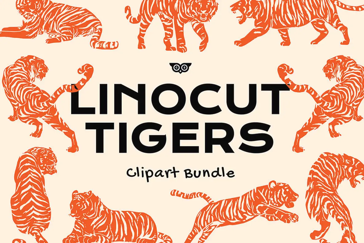 Linocut Tigers Clipart Bundle