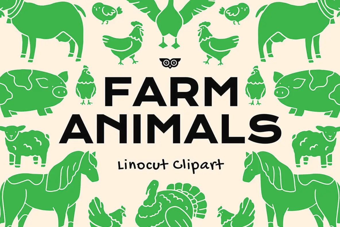 Farm Animals Linocut Clipart