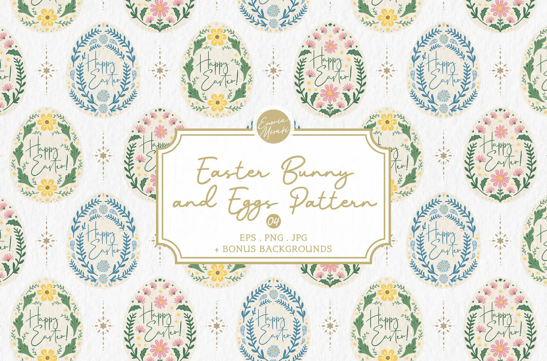 Easter Bunny Eggs Pattern 3 Folk art