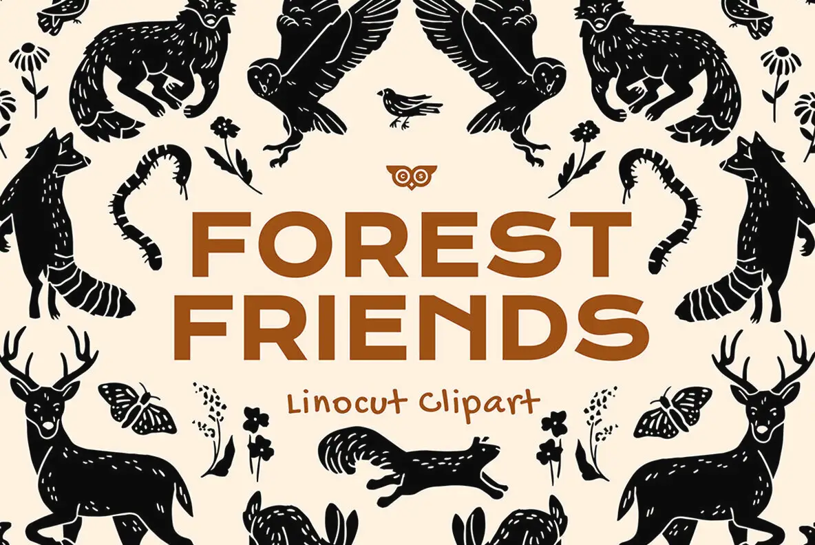 Forest Friends Linocut Clipart