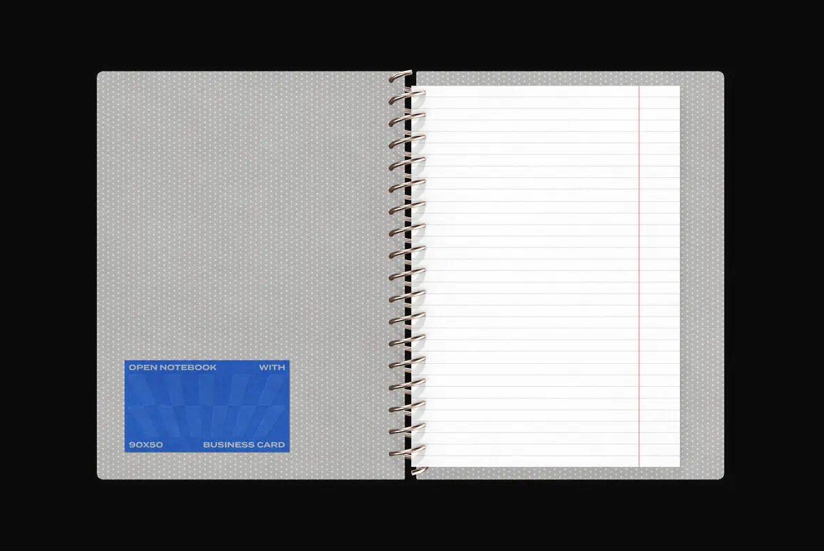 Open Notebook and 90x50 Business Card Mockup