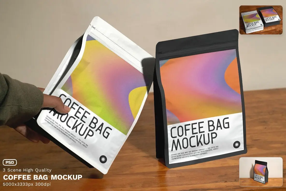 3 Realistic Scene Coffee Bag Mockup - VOL 5