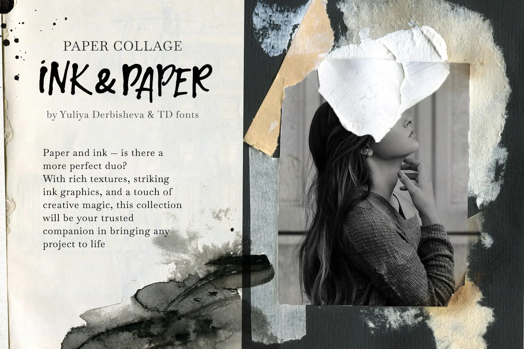 Ink Paper collage Modern Vintage elements Torn Cutout pieces Textures ...
