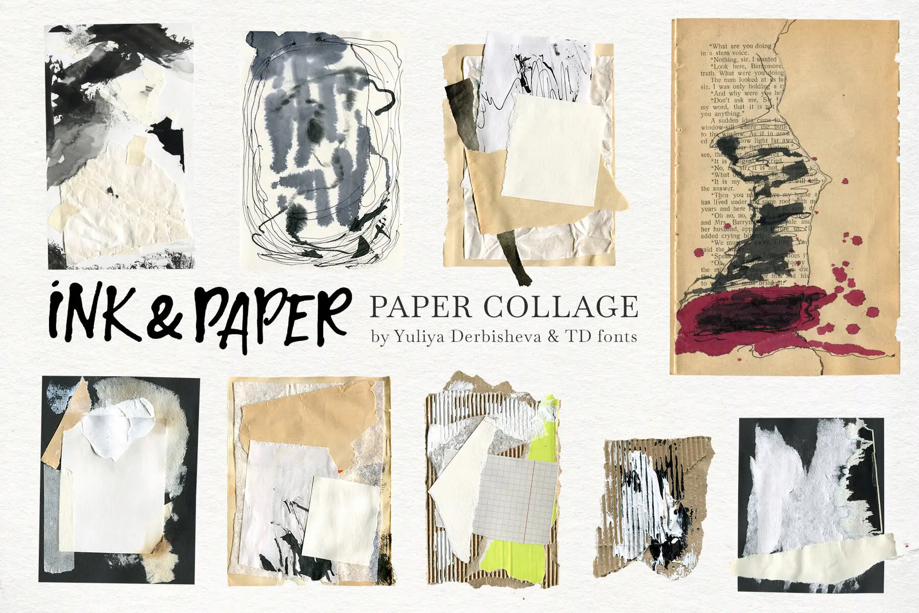 Ink Paper collage Modern Vintage elements Torn Cutout pieces Textures ...