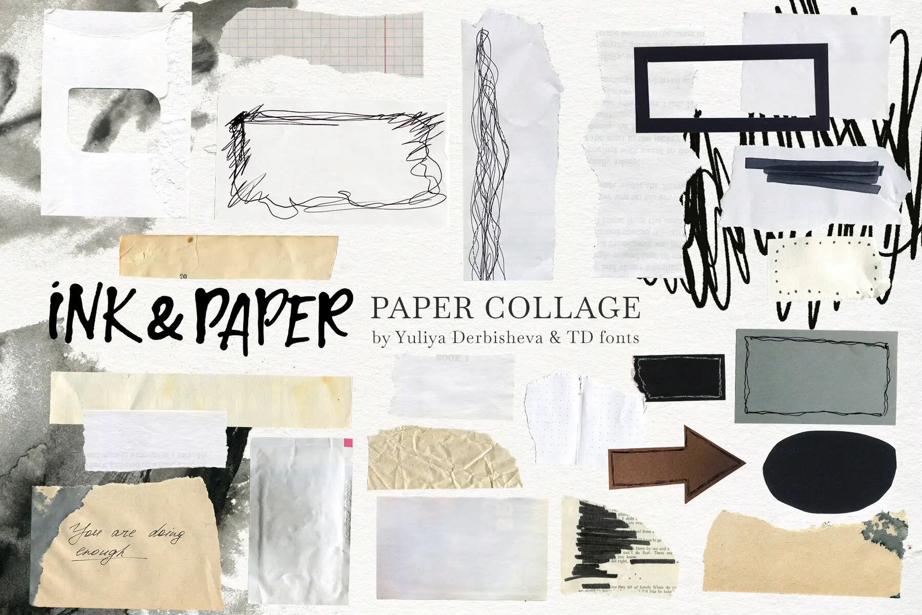 Ink Paper collage Modern Vintage elements Torn Cutout pieces Textures ...