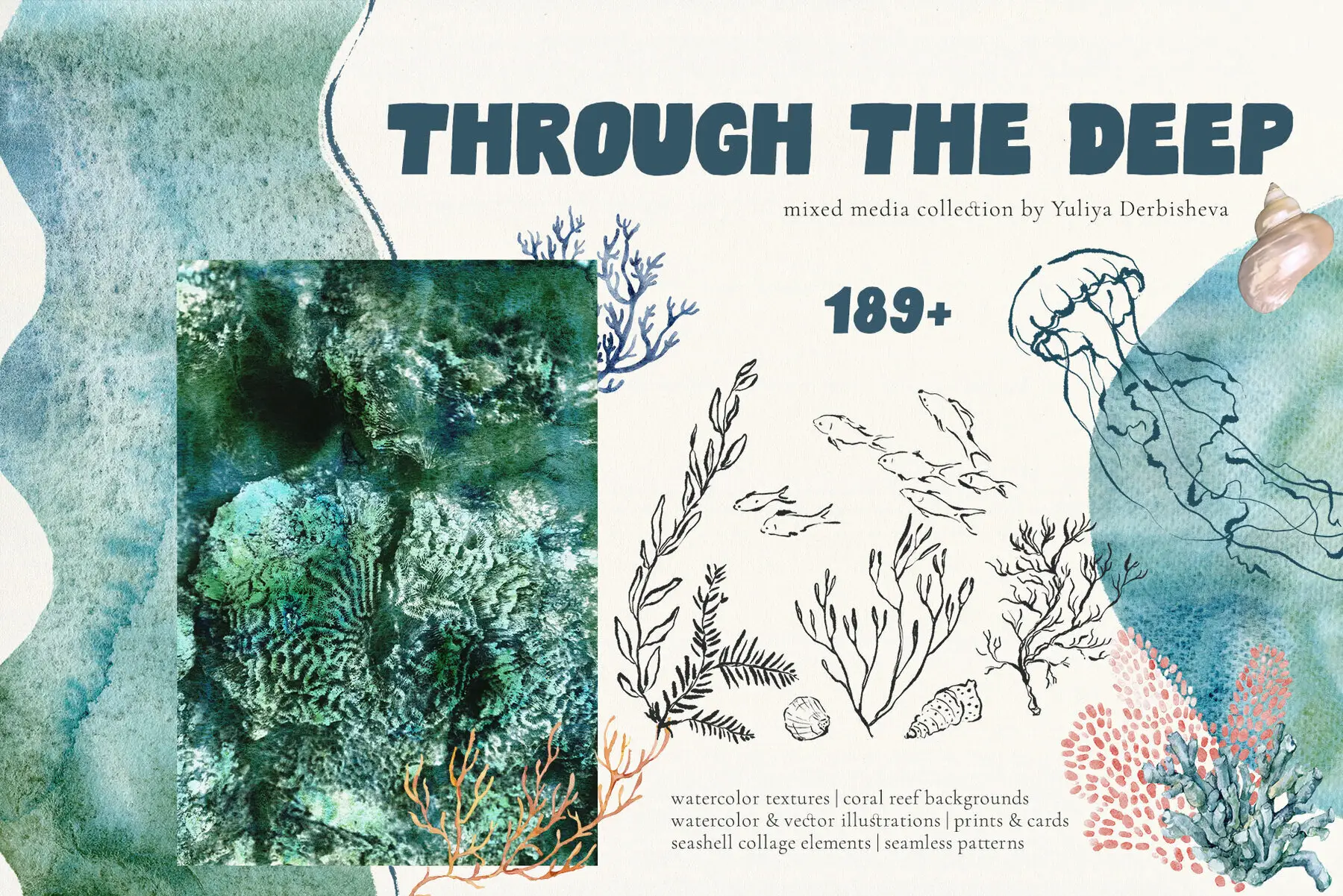 Ocean Watercolor Backgrounds and Nautical Graphic Illustrations