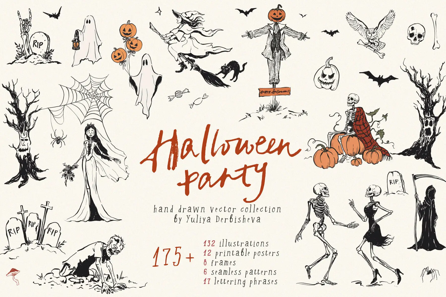 Halloween Party Vintage Vector Illustrations Hand Drawn Clipart