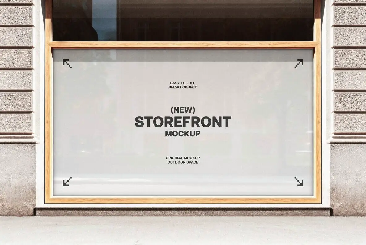 Storefront Window with Wooden Frame Mockup