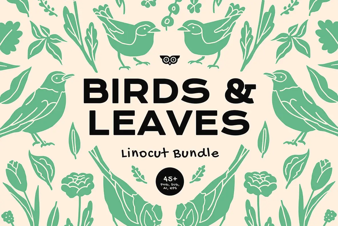 Birds and Leaves Linocut Bundle