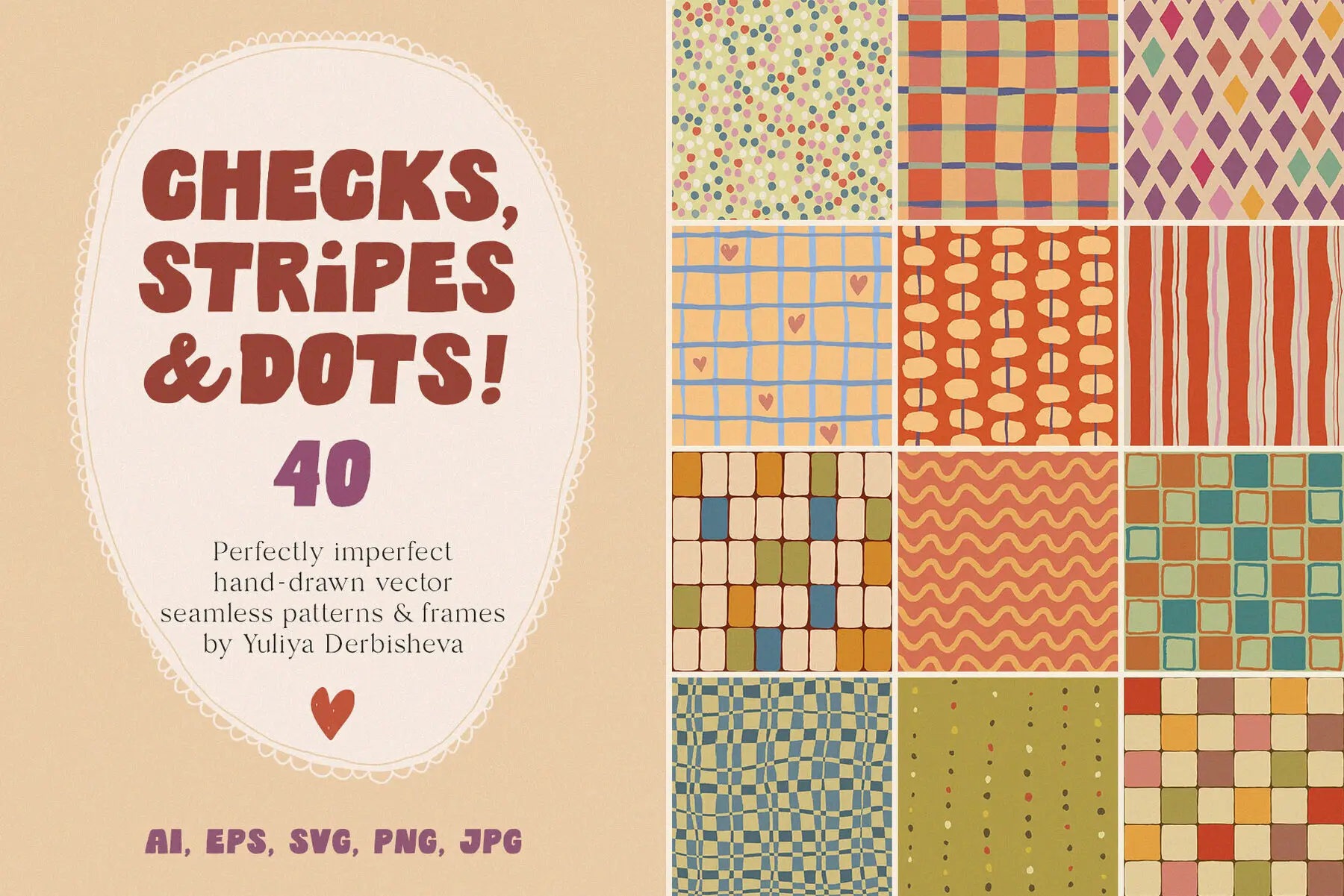 Checkered Stripe Dot Tile Vector Seamless Patterns