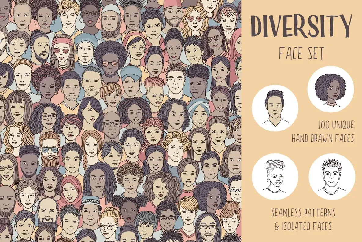 Diversity Face Set - 100 Hand Drawn Faces