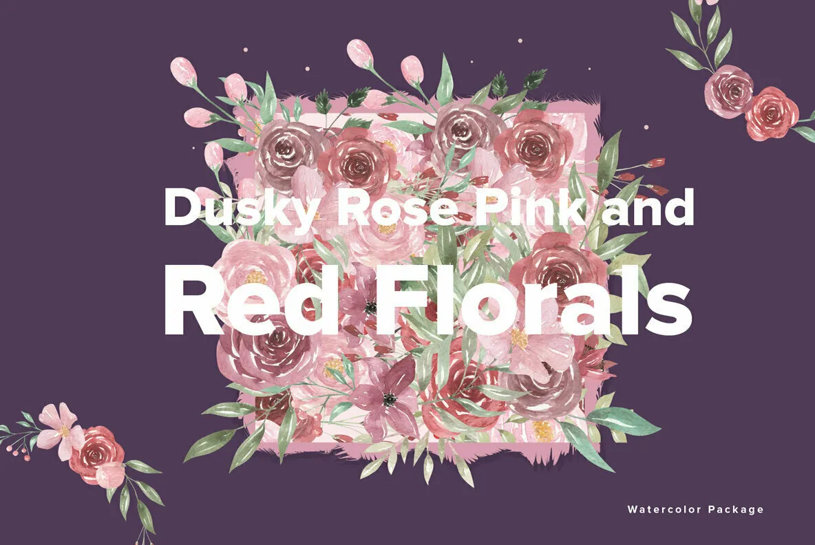 Dusky Pink Rose & Red Florals Watercolor Package