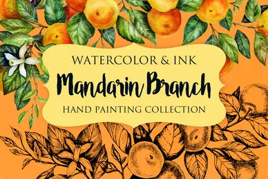 Mandarin Branch Watercolor  Ink