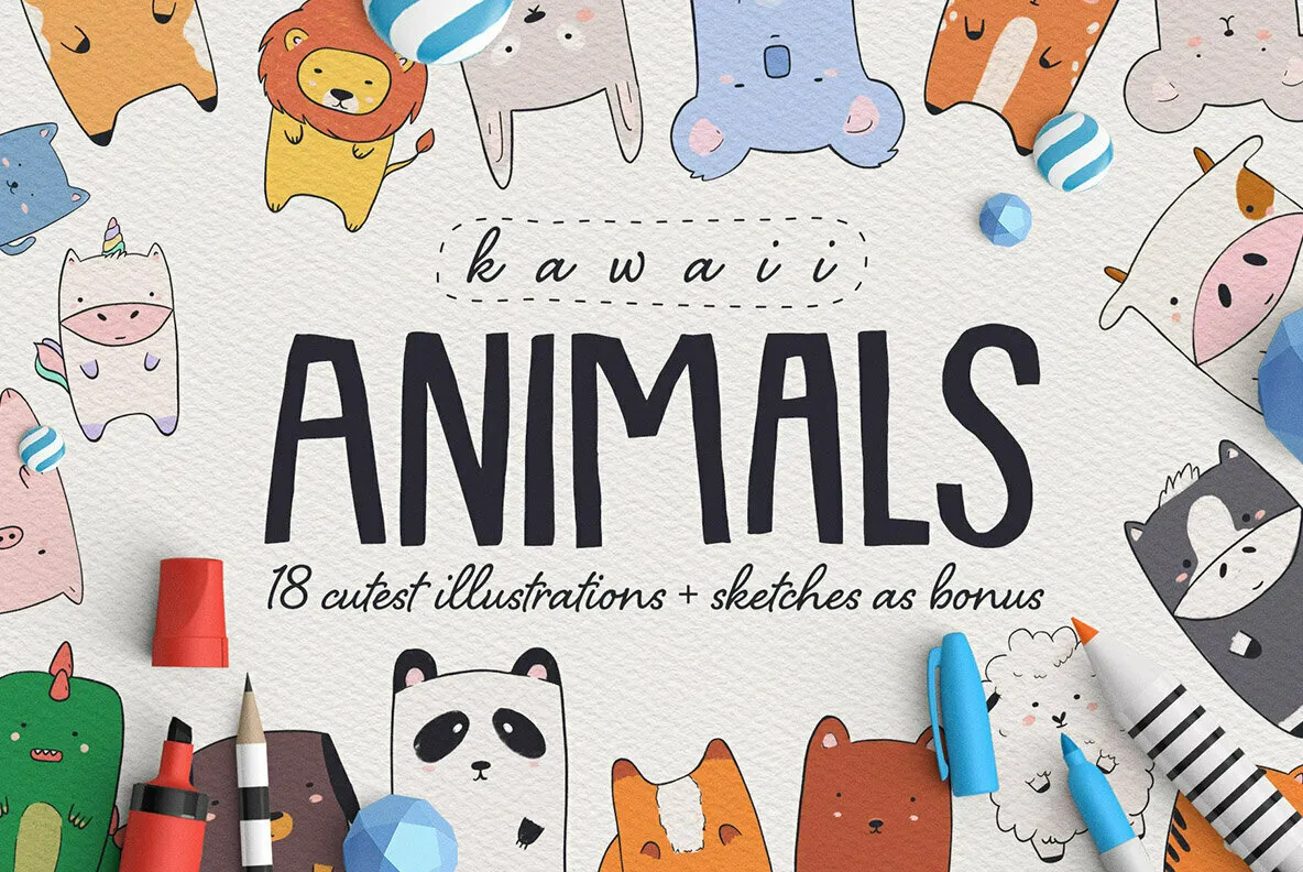 Kawaii Animals - Cartoon Illustration Set