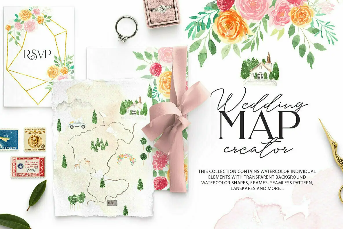 Watercolour Wedding Map Creator Kit