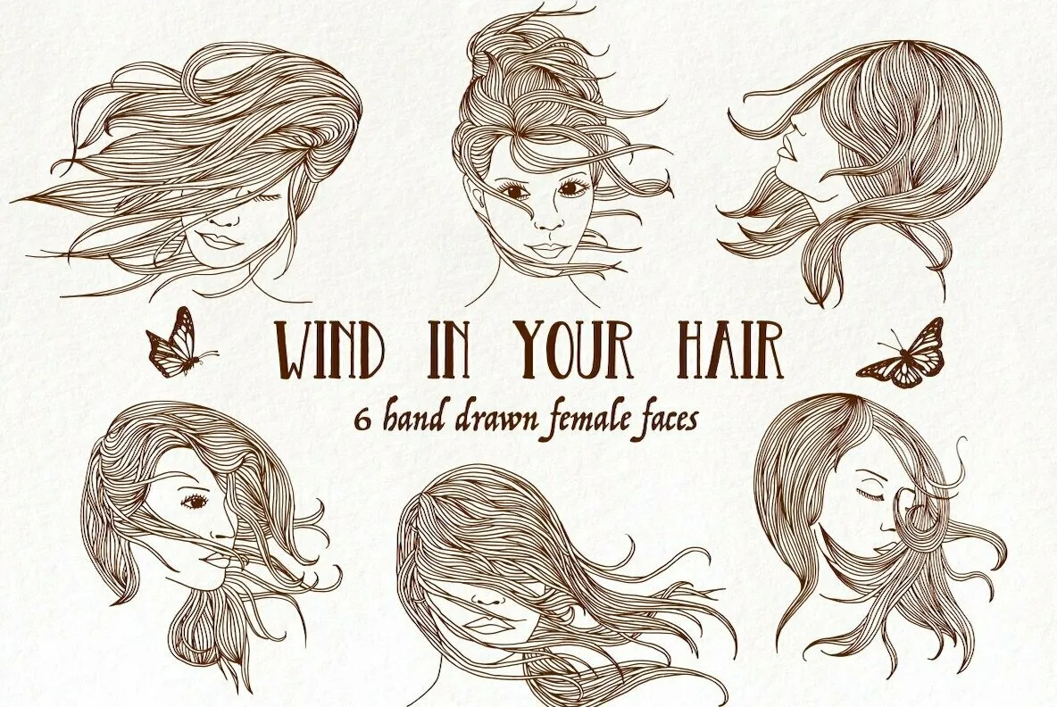 Six Hand Drawn Female Faces - Wind In Your Hair