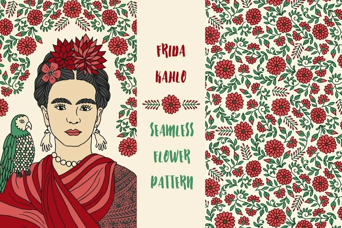 Portrait of Frida and Flower Pattern