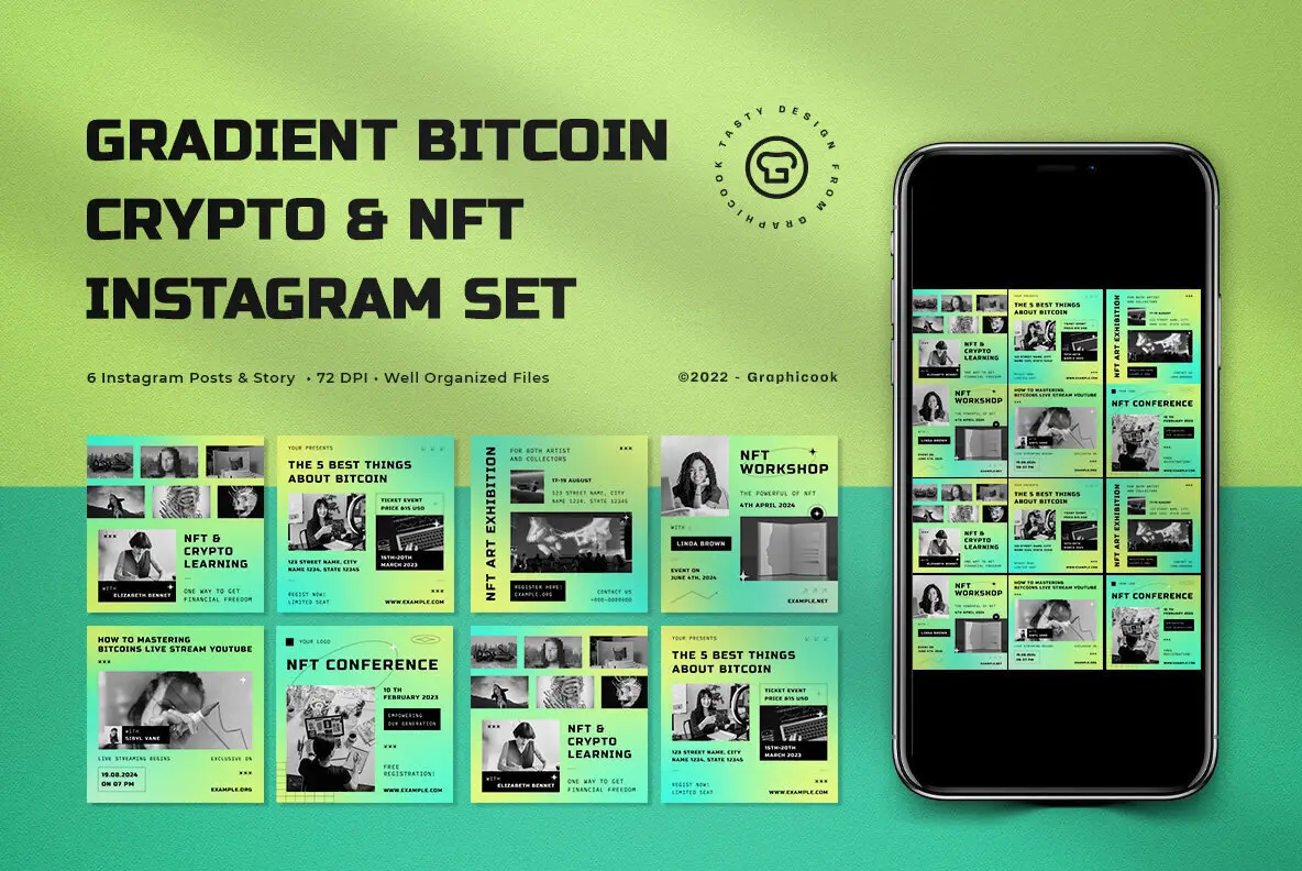 Green Gradient Bitcoin, Crypto and NFT Instagram Pack