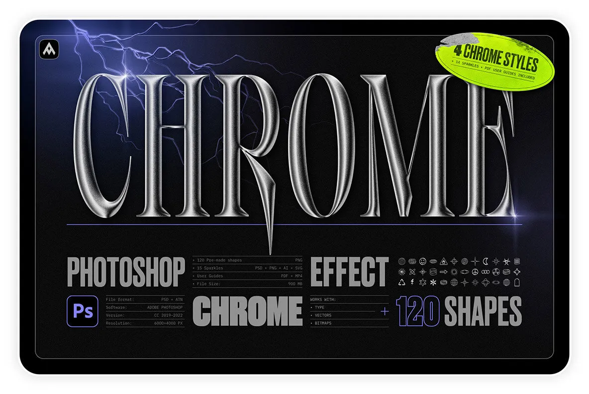 Chrome 3D Effect for Photoshop & 120 Shapes