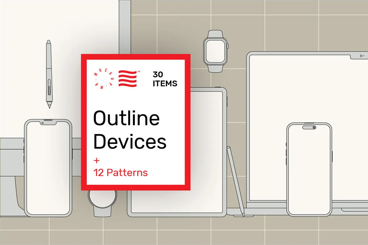 Outline Device Mockups + 12 Patterns