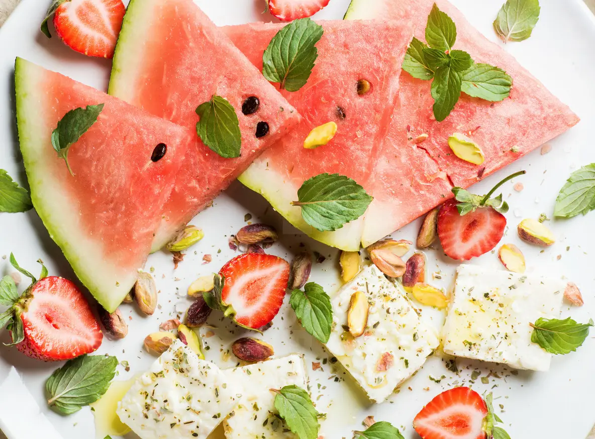 Summer Watermelon, Strawberry And Feta Cheese Salad With