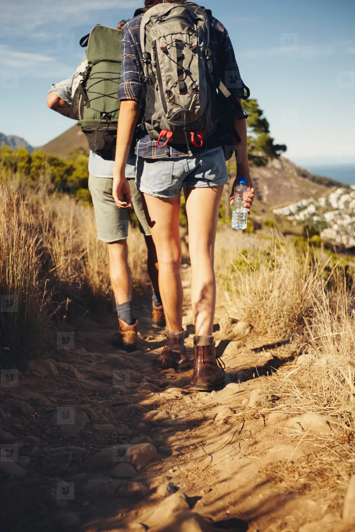 Young couple hiking together in countryside
