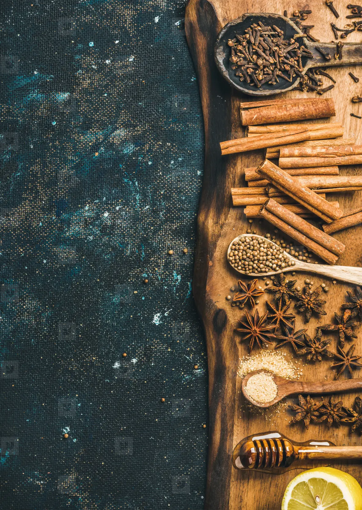 Ingredients for making gluhwein on wooden rustic board  copy space