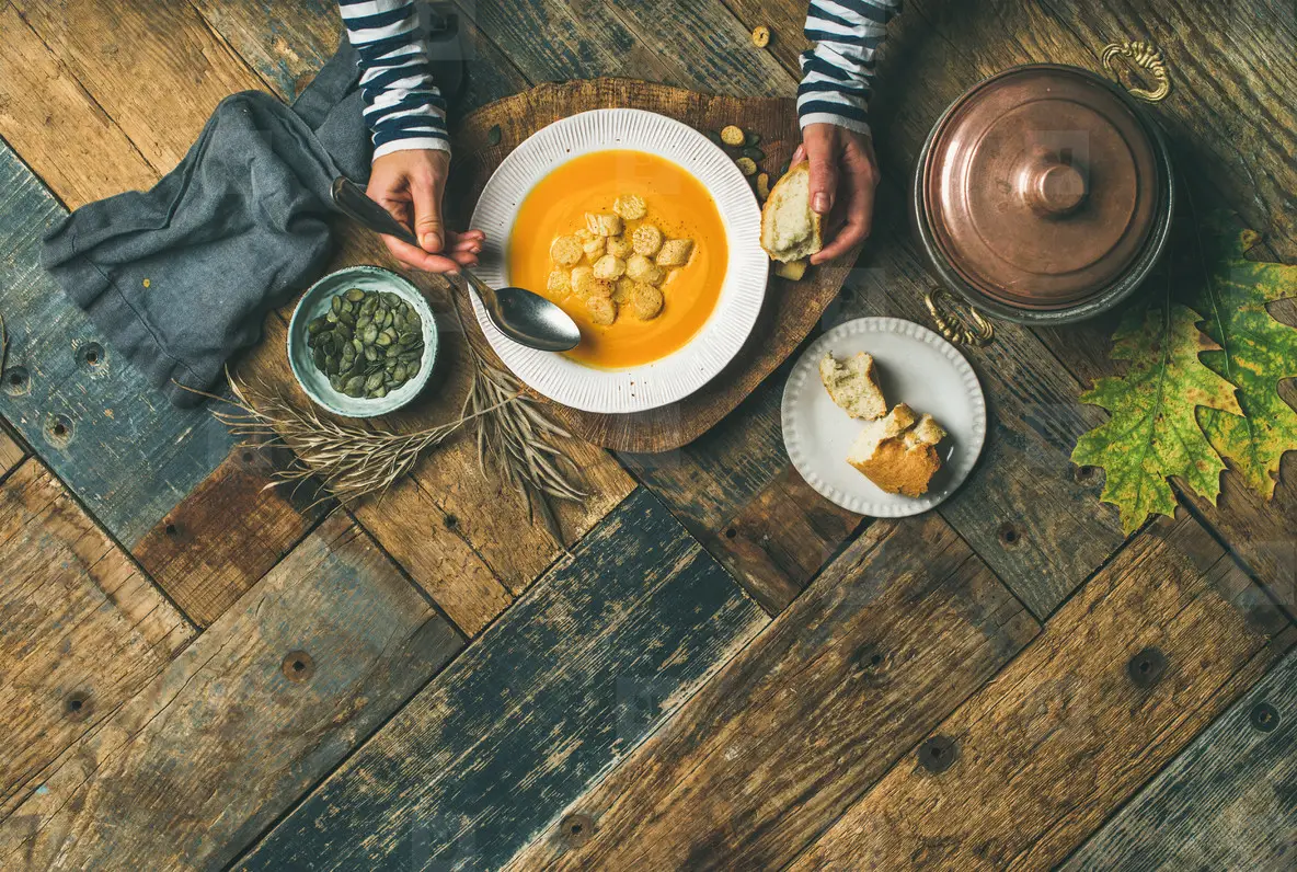 Fall warming pumpkin cream soup  copy space