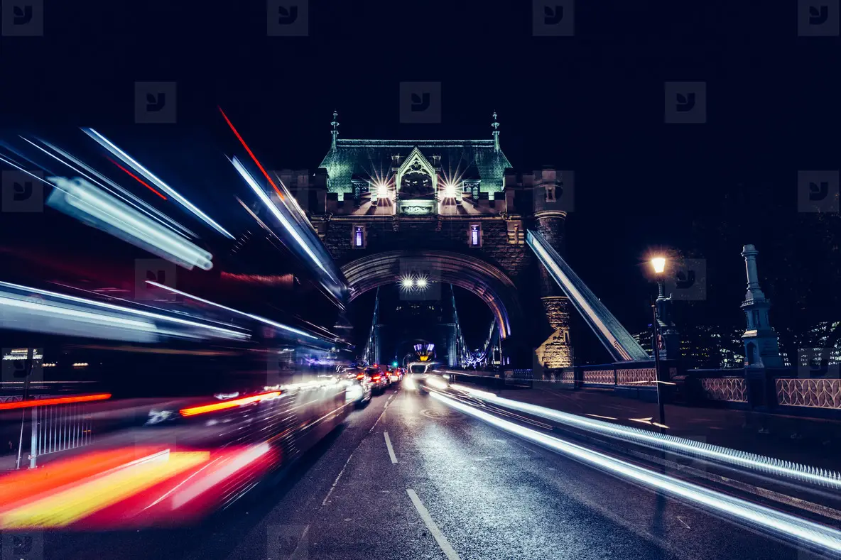 City Light Trails Of London Bus Traffic On Tower Bridge In Londo Photo ...