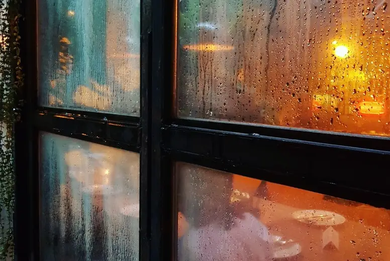 Raindrops tracing slow paths down a dark window at night, city lights glowing softly through the wet glass, creating an intimate moody atmosphere