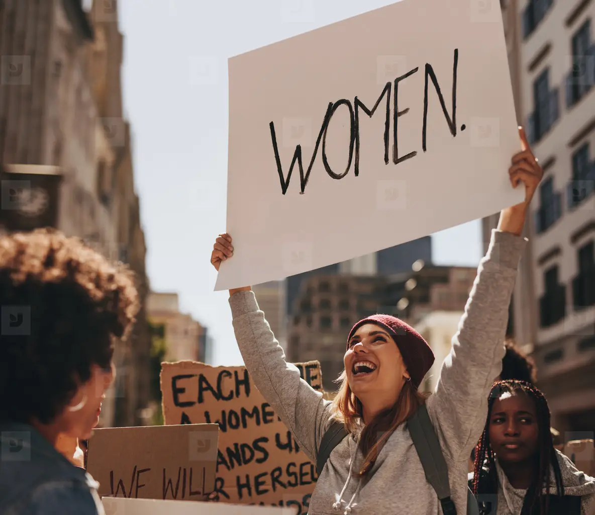 Happy Woman Protesting With Hand Written Sign Photo (146132 ...